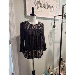 Knox Rose Aztec Embroidered Blouse – Flowy Rayon, Boho‎ Chic, Size XS